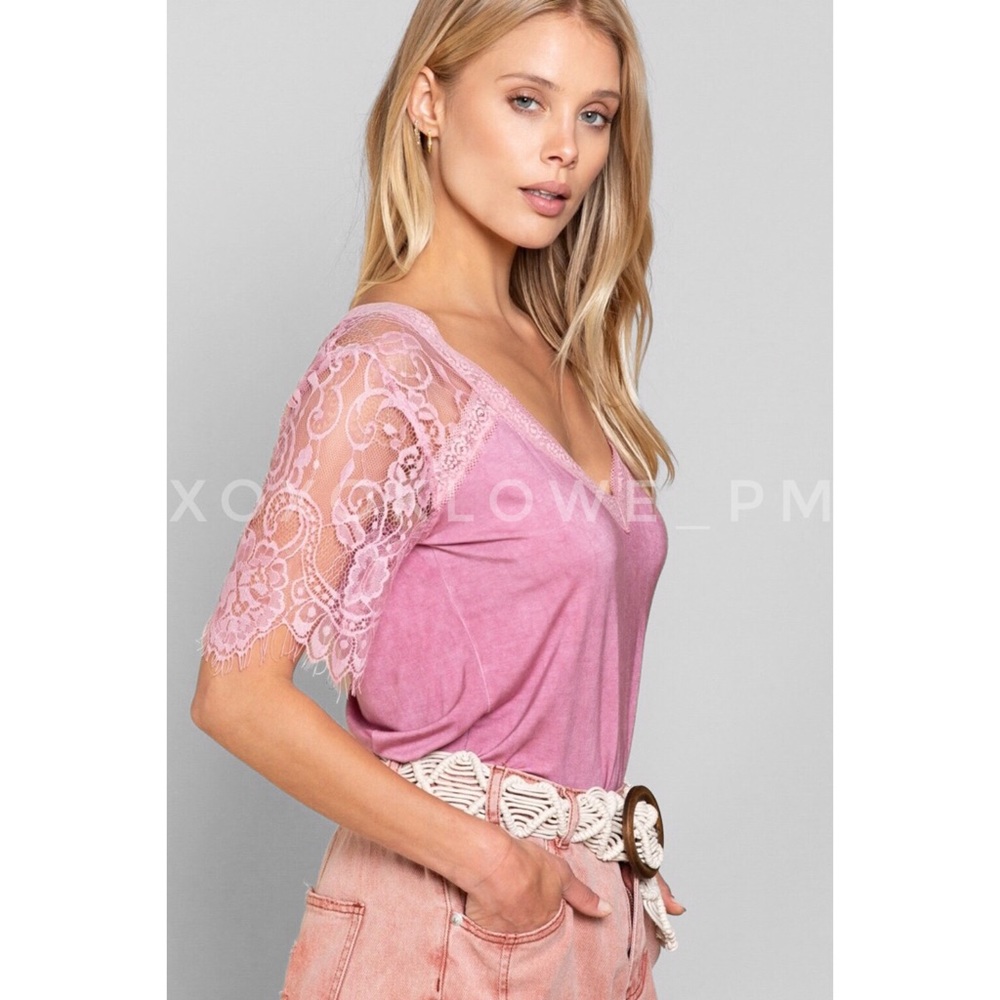 1 S POL Pinky Buttery Soft Lace Sleeve V Neck Tee - Picture 3 of 15
